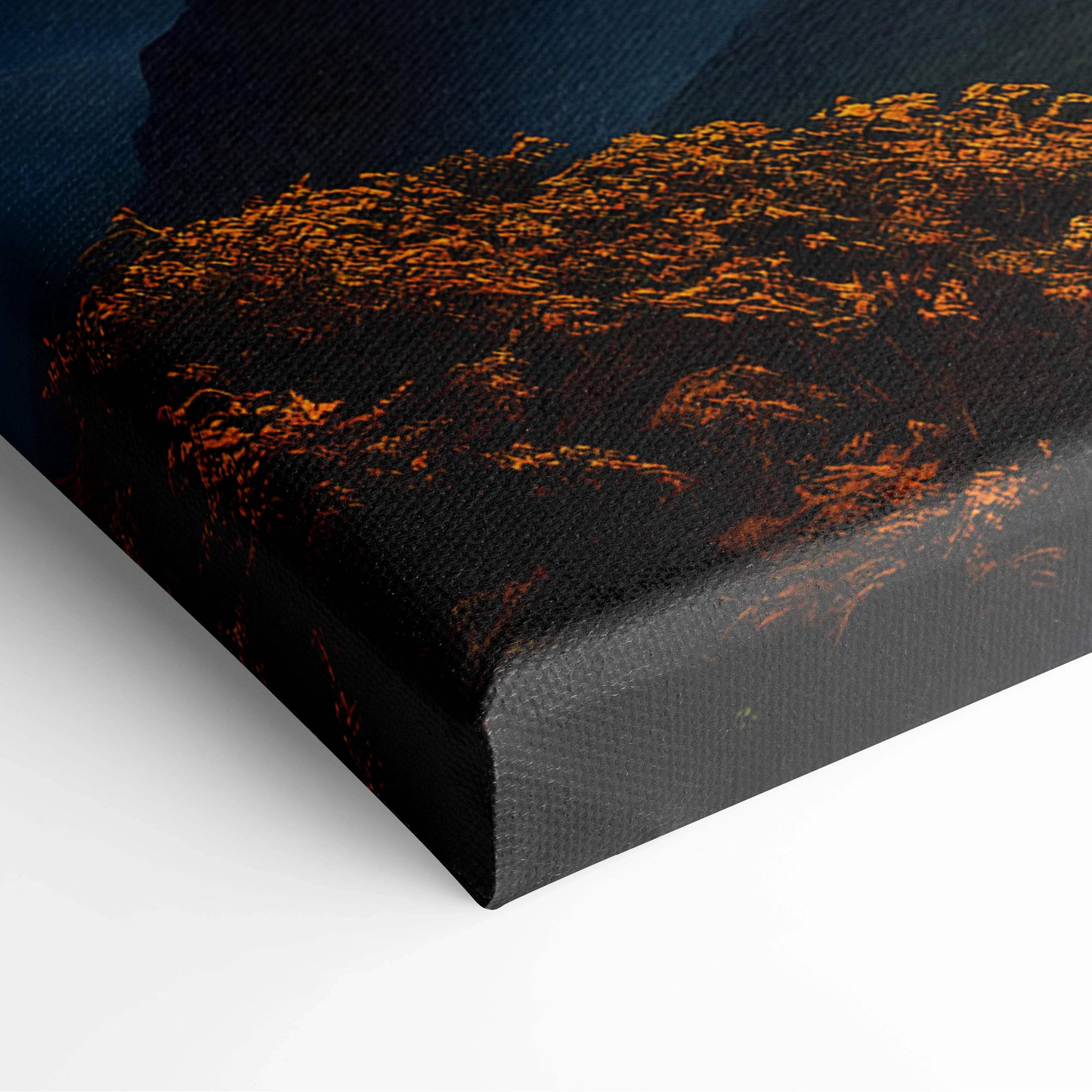 Black canvas print of fantasy cozy wooden house on rocky hill under starry twilight sky