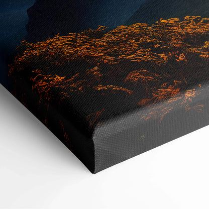 Black canvas print of fantasy cozy wooden house on rocky hill under starry twilight sky
