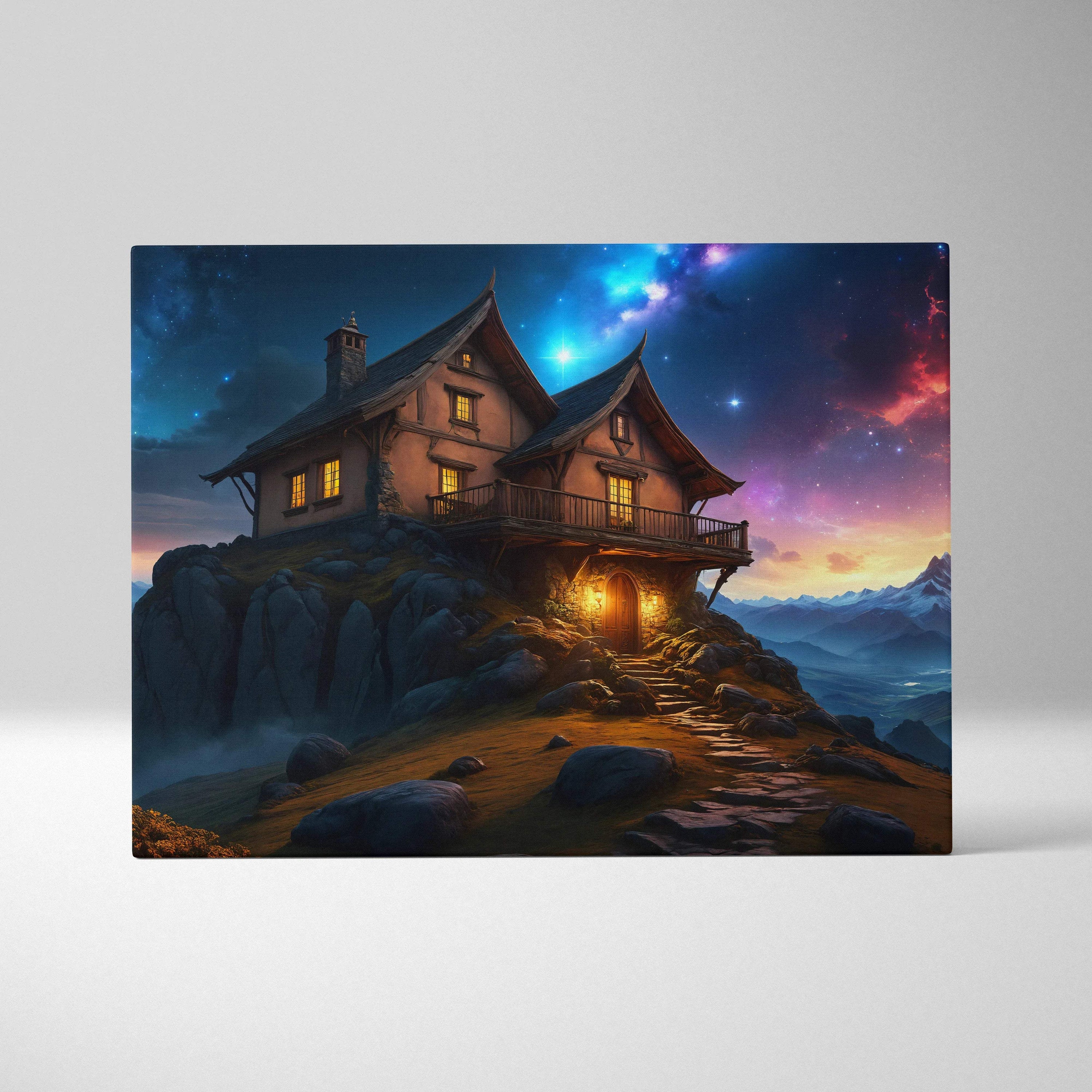 Cozy fantasy wooden house on rocky hill under starry galaxy sky at twilight