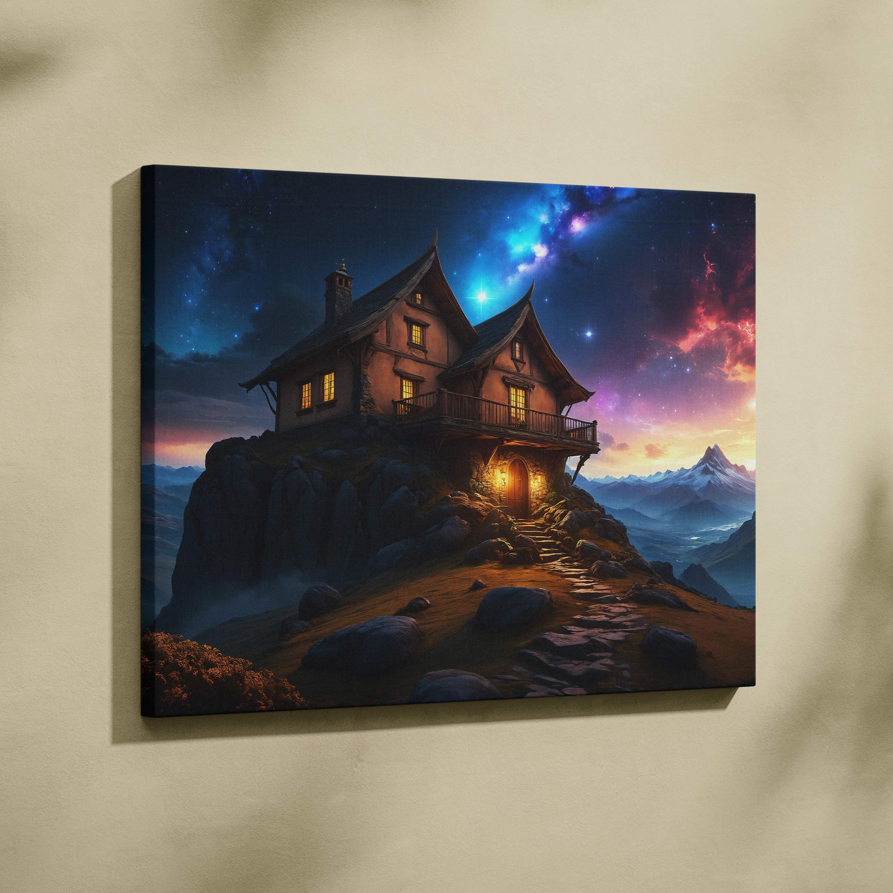 Cozy wooden house on rocky cliff under starry galaxy sky at twilight