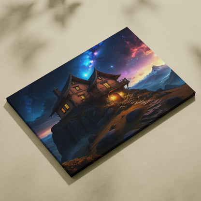 Fantasy cozy wooden house on rocky cliff under starry galaxy twilight sky canvas print