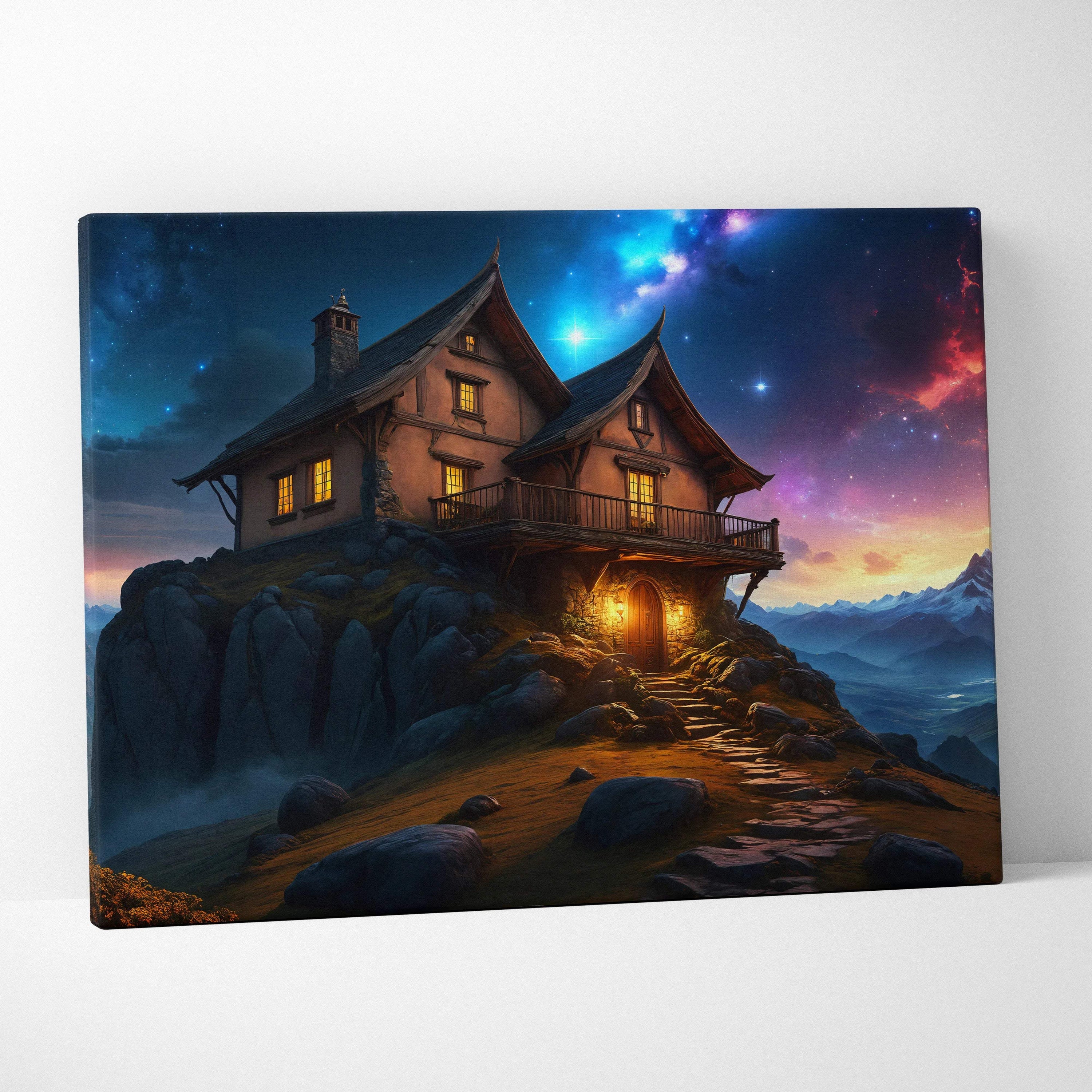Cozy fantasy wooden house on rocky hill under starry galaxy sky at twilight