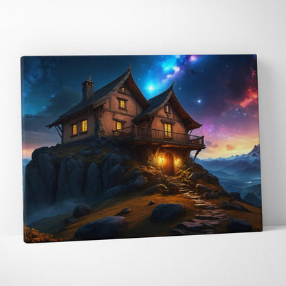 Cozy fantasy wooden house on rocky hill under starry galaxy sky at twilight