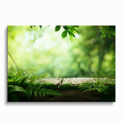 Nature-inspired wall art poster featuring vibrant green ferns and soft sunlight over a wooden log background.