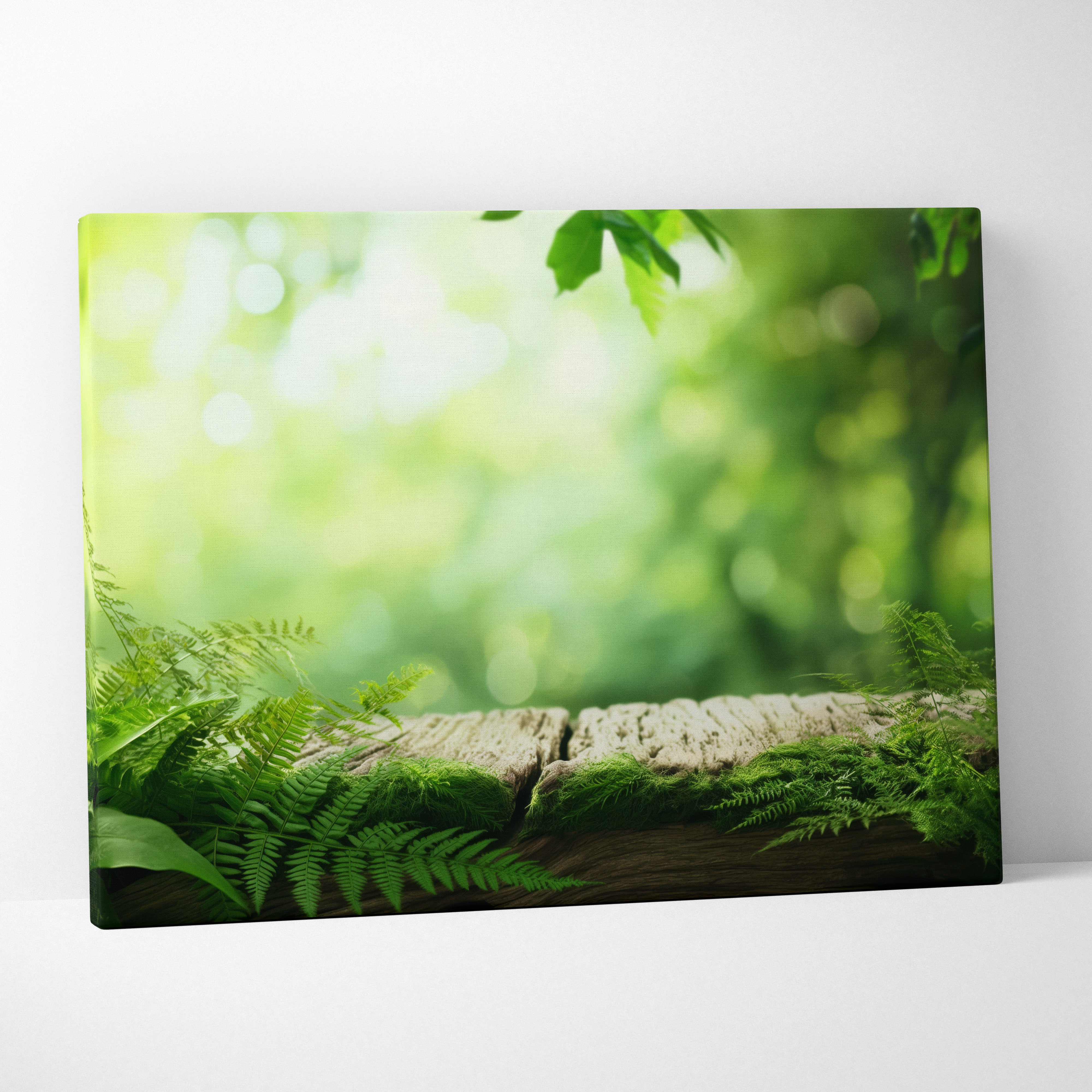 Green fern leaves and blurred sunlight background nature scene on canvas wall art print.