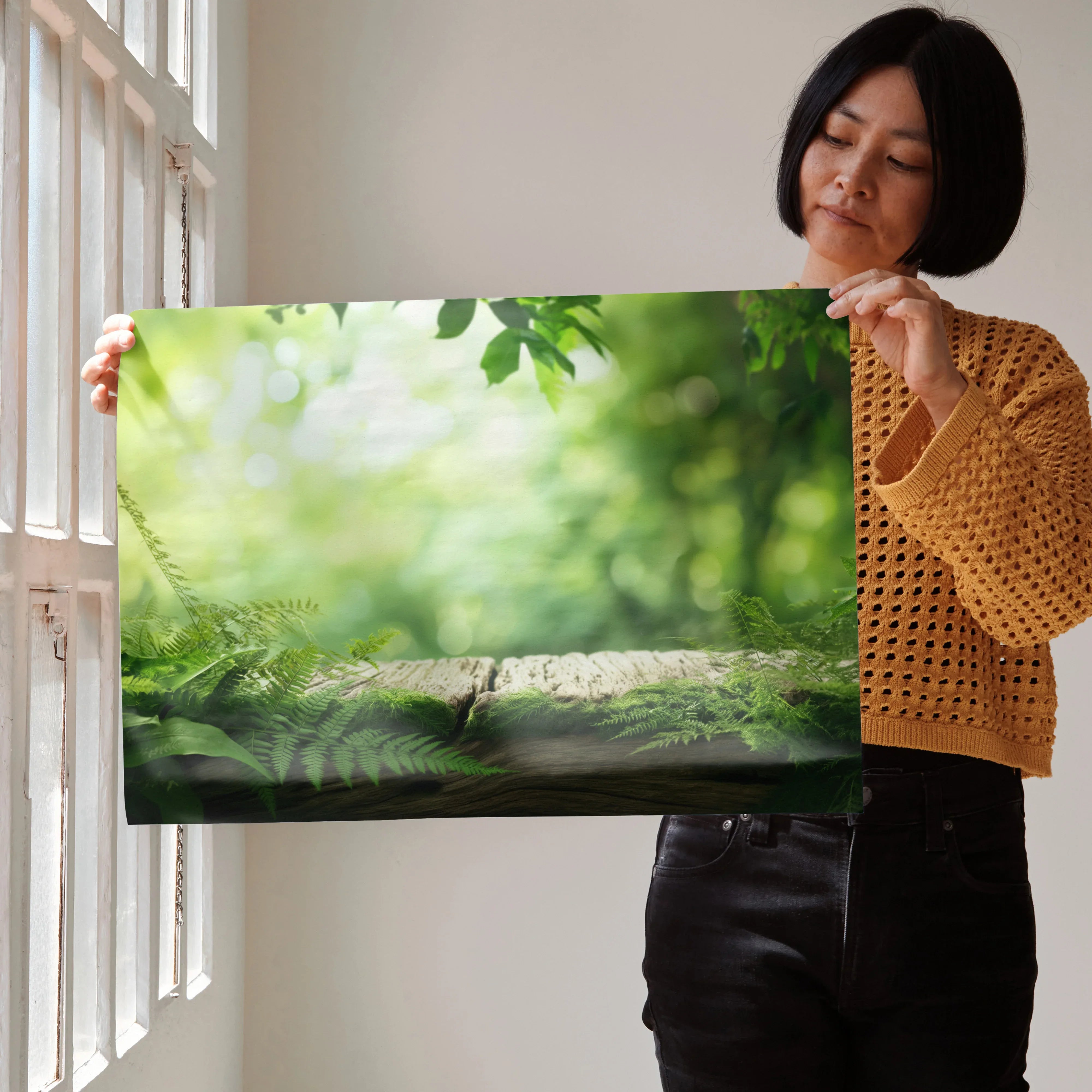 Lush green nature landscape poster with soft sunlight and delicate foliage wall art print.