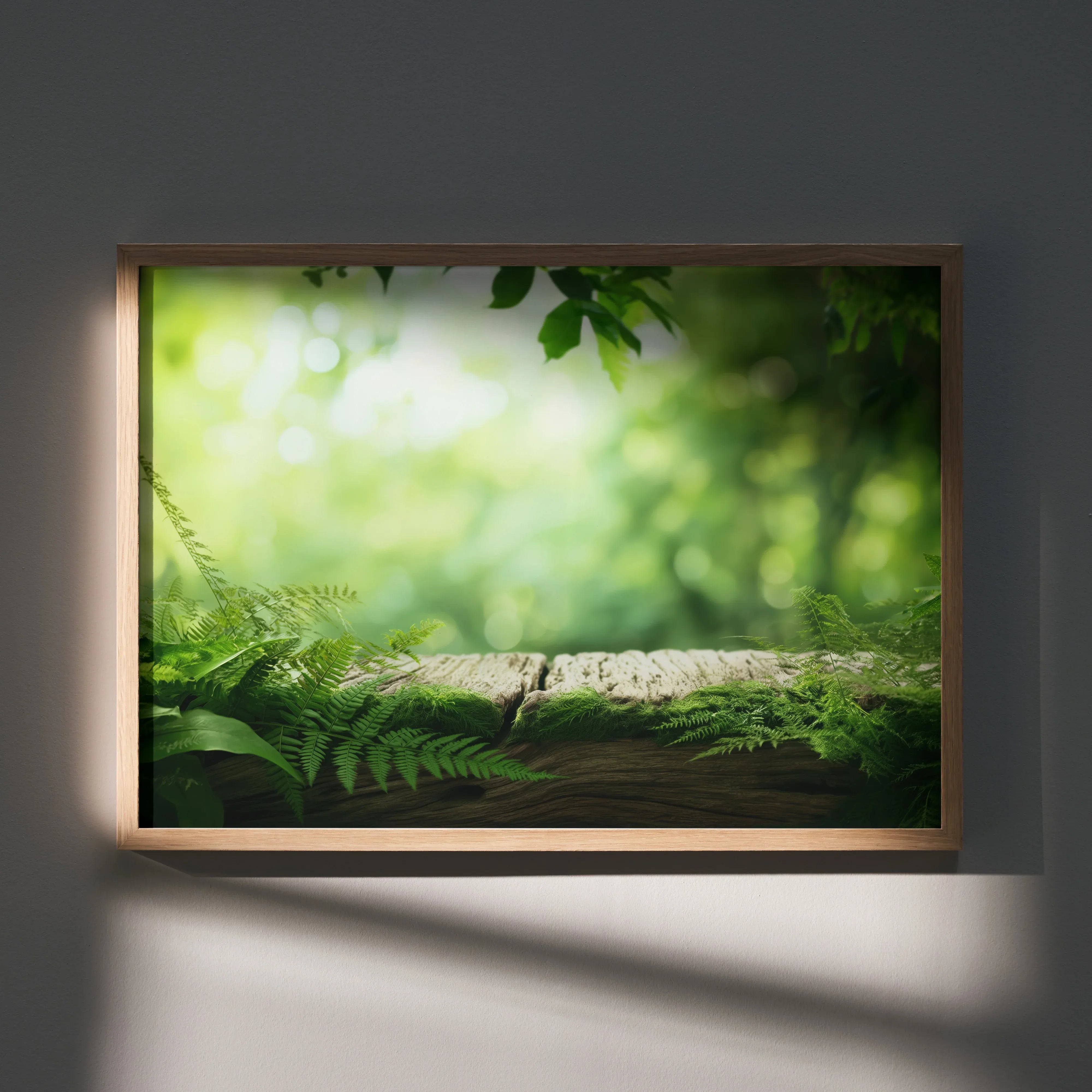 Nature landscape wall art poster with green ferns and sunlit forest background in wooden frame.