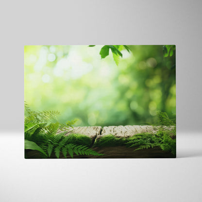 Green leafy fern and moss on aged wooden plank nature landscape canvas wall art print.