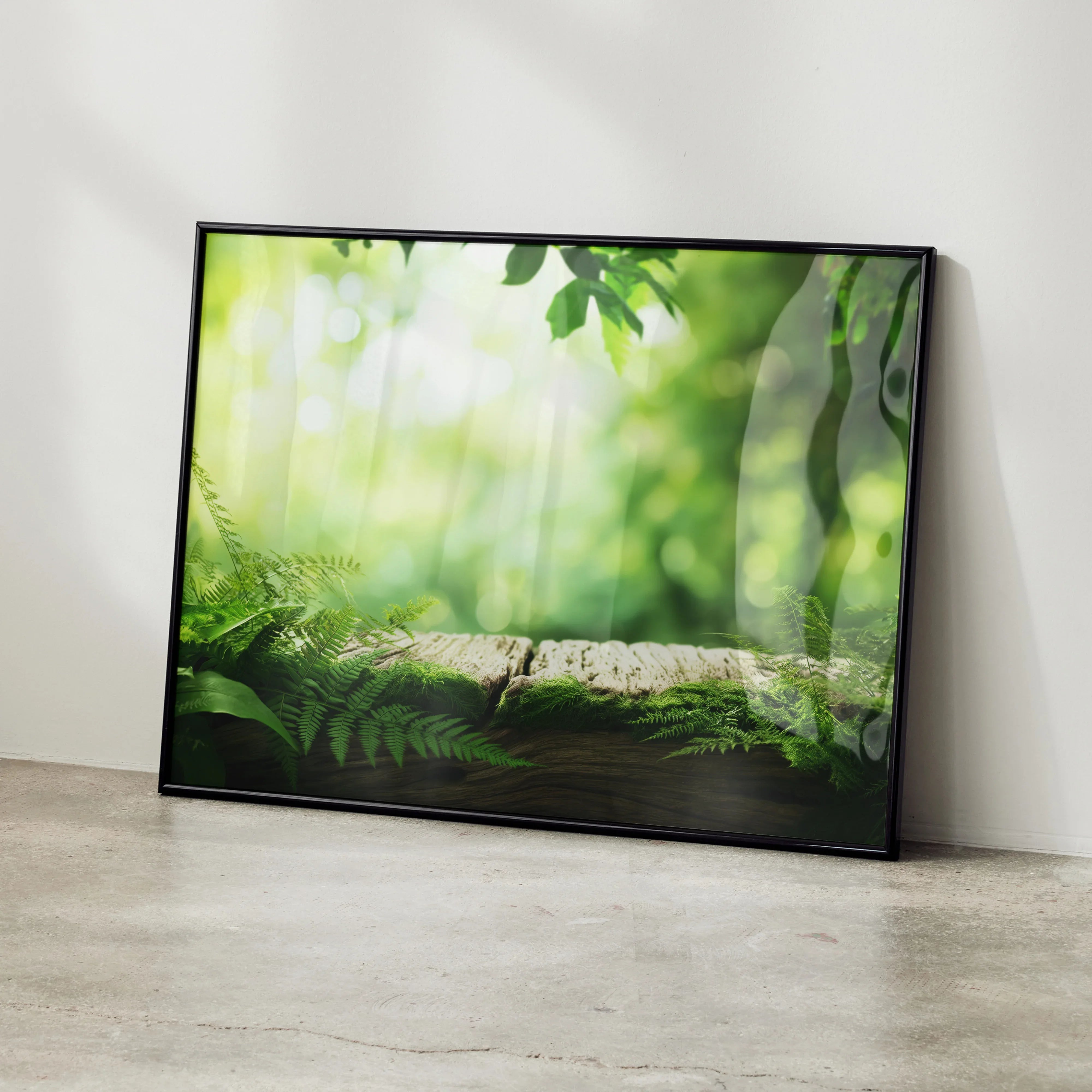 Green forest nature landscape poster with sunlight filtering through leaves, wall art print in black frame.