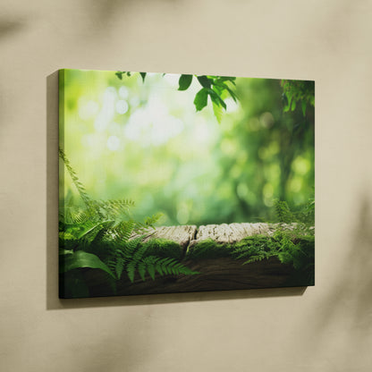Green forest scene with ferns and bokeh light on canvas wall art print.