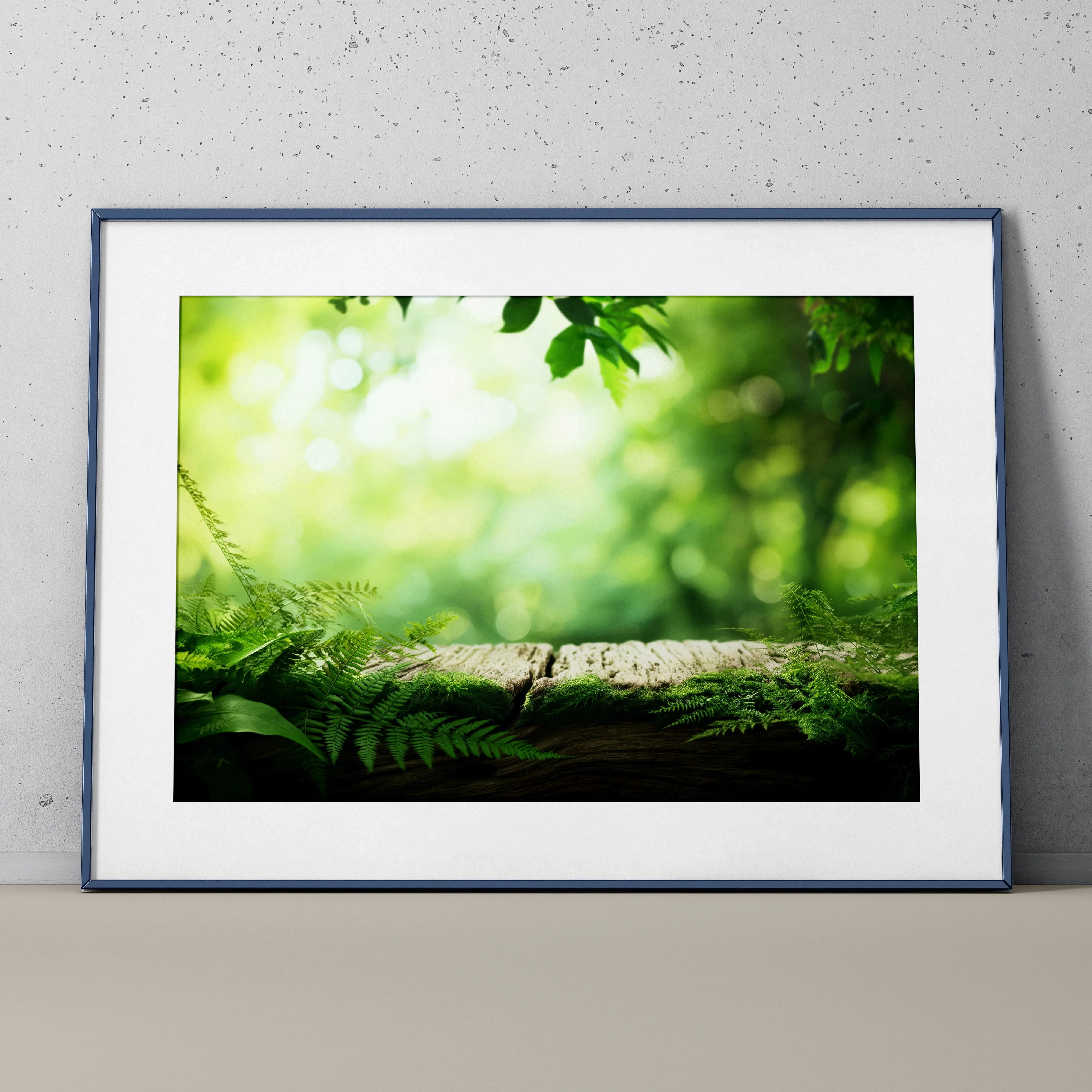 Framed nature landscape wall art poster featuring green leaves and ferns with blurred forest background.