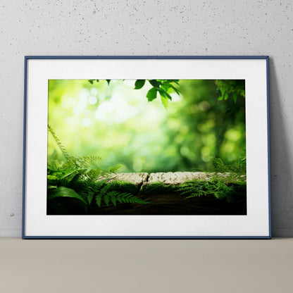 Framed nature landscape wall art poster featuring green leaves and ferns with blurred forest background.