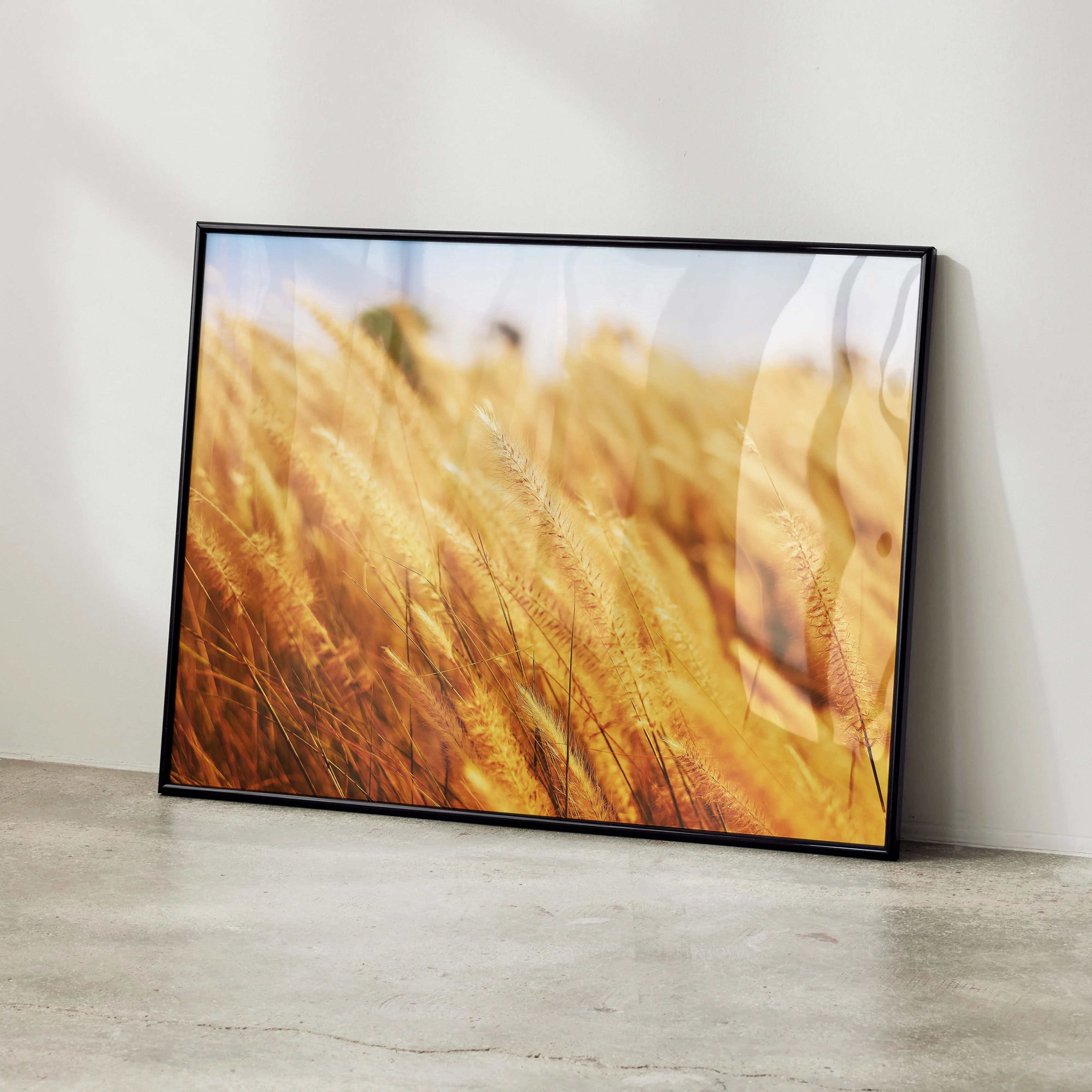 Serene Nature Landscape wall art poster featuring close-up golden wheat field with soft sunlight background.