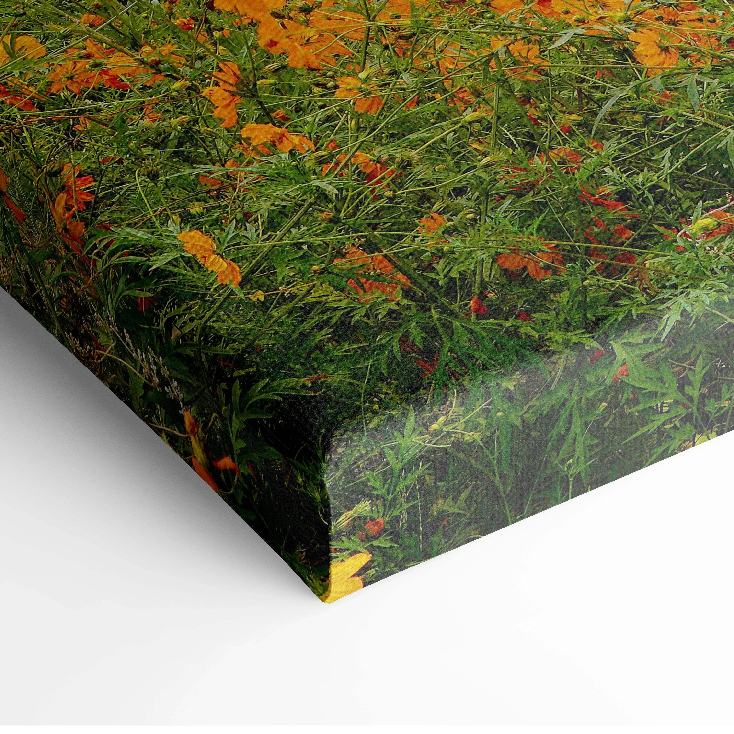 Vibrant floral and architectural design canvas wall art with orange flowers and green foliage.