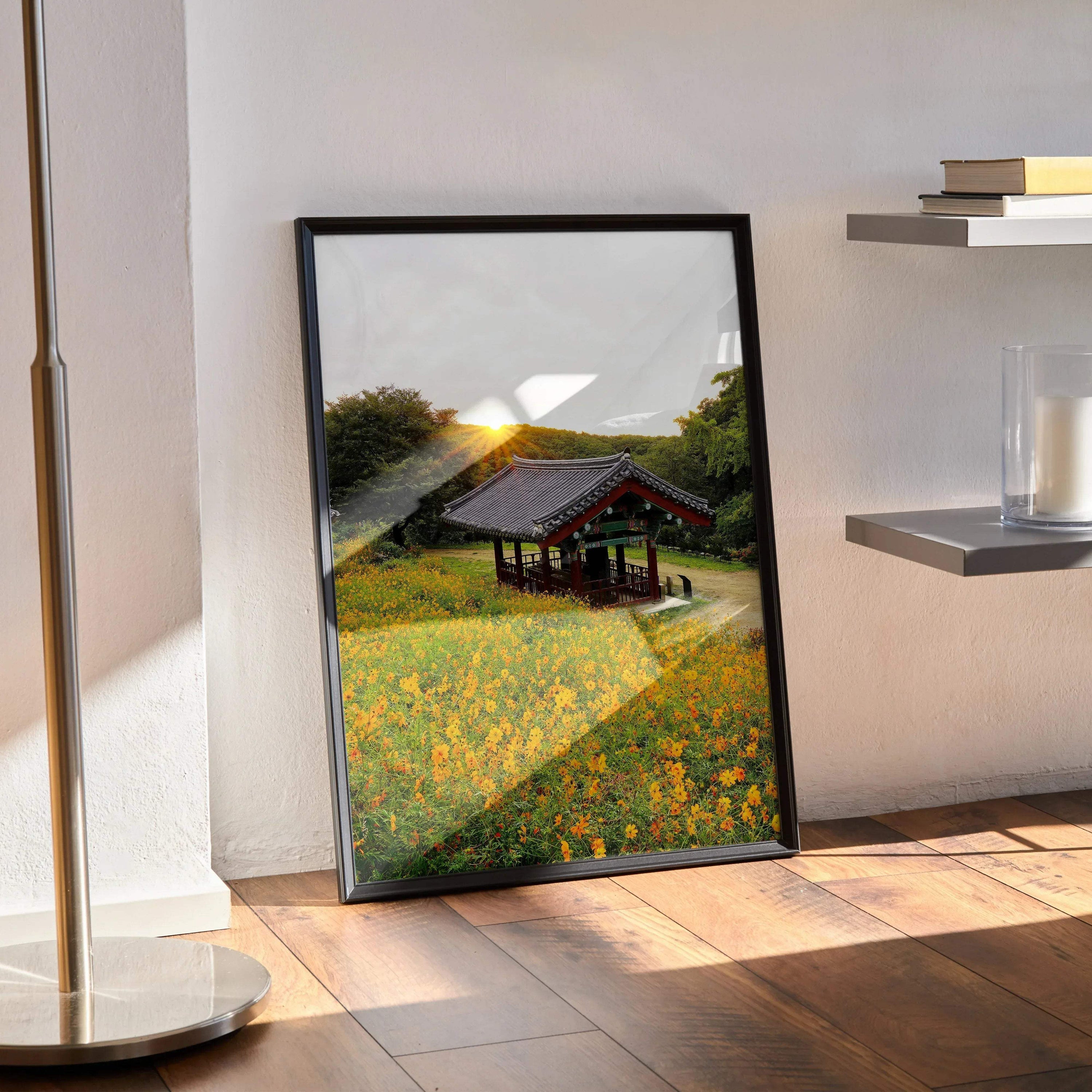 Serene sunset urban floral wall art poster featuring a traditional building with yellow flowers in foreground.