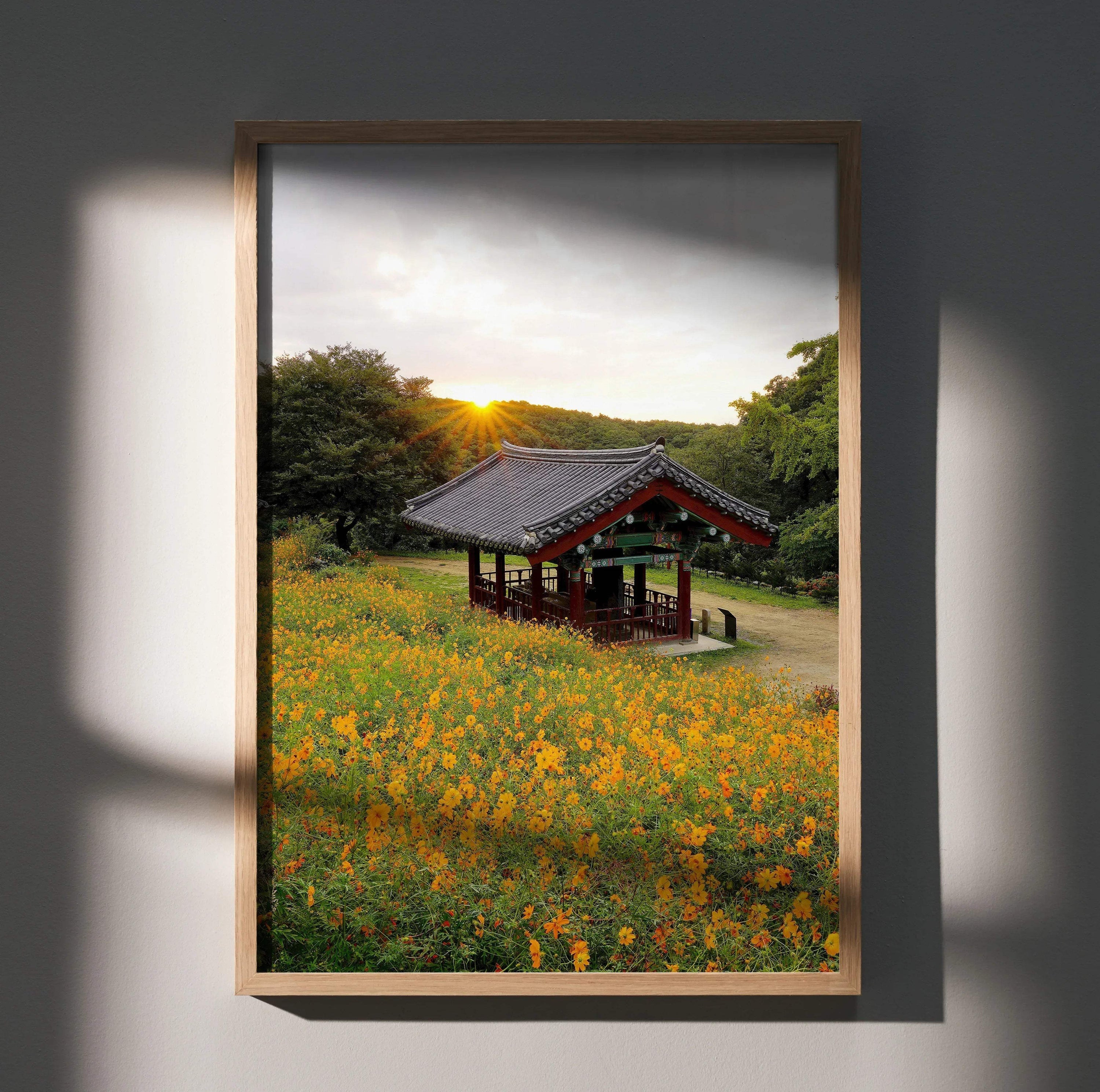 Serene sunset over traditional building with vibrant orange flowers poster wall art.